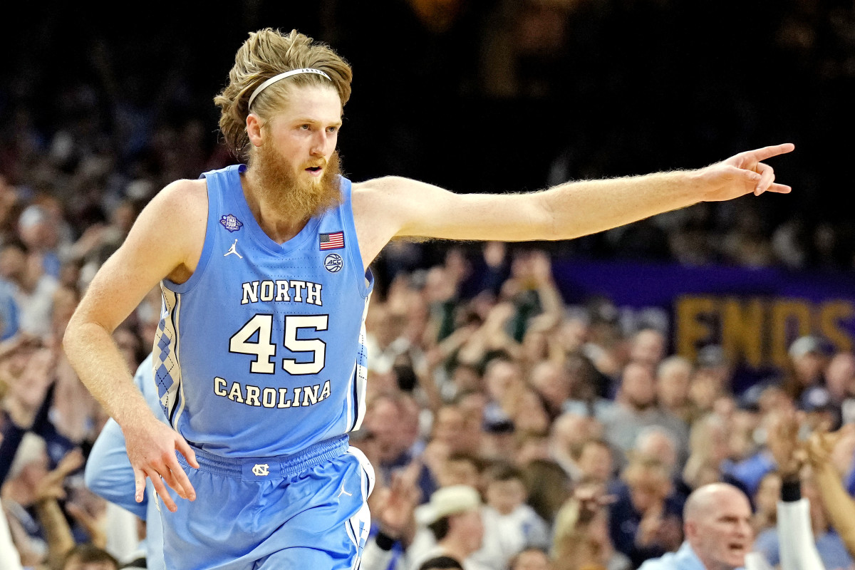 Apr 2, 2022; New Orleans, LA, USA; North Carolina Tar Heels forward Brady Manek (45) reacts after a play during the second half against the Duke Blue Devils in the 2022 NCAA men's basketball tournament Final Four semifinals at Caesars Superdome. Mandatory Credit: Robert Deutsch-USA TODAY Sports